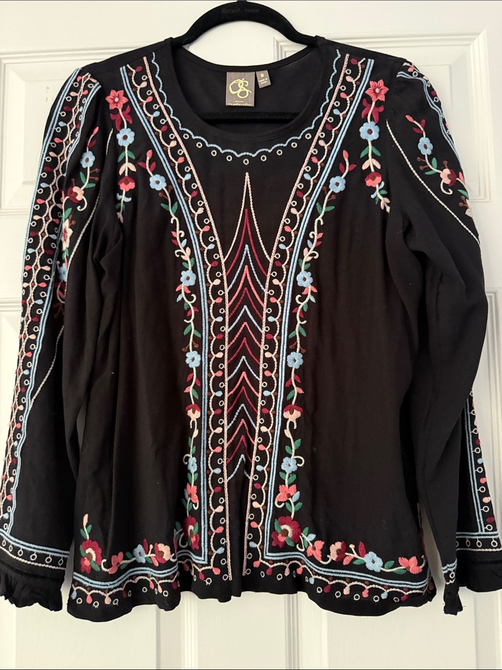 Anthropologie Embroidered Black Floral Long-Sleeve Top